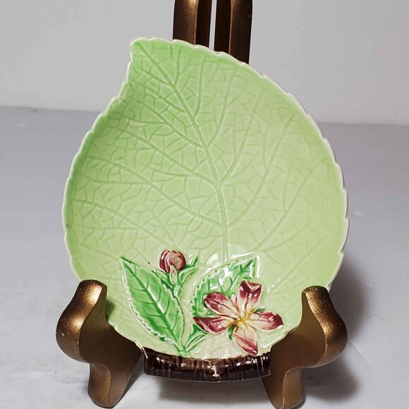 Carlton Ware Small Green Leaf Dish Pink Flower Vintage - Picture 3 of 8